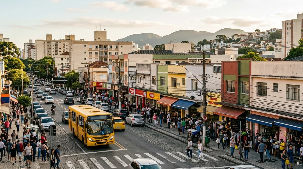 Região urbana ampla com comércio de rua movimentado e prédios baixos ao fundo — imagem ilustrativa