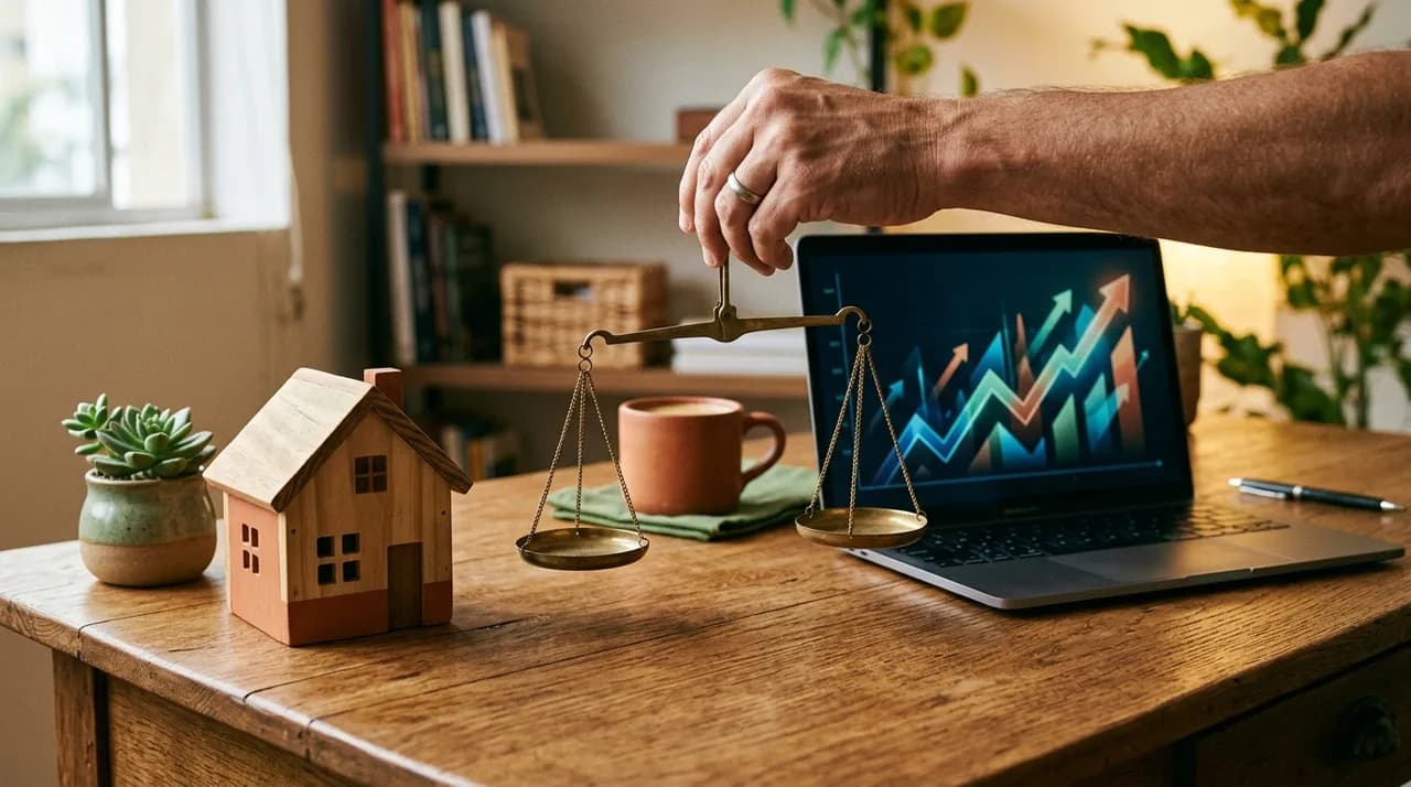 Mesa com chave de imóvel de um lado e celular exibindo aplicativo de investimentos do outro — imagem ilustrativa