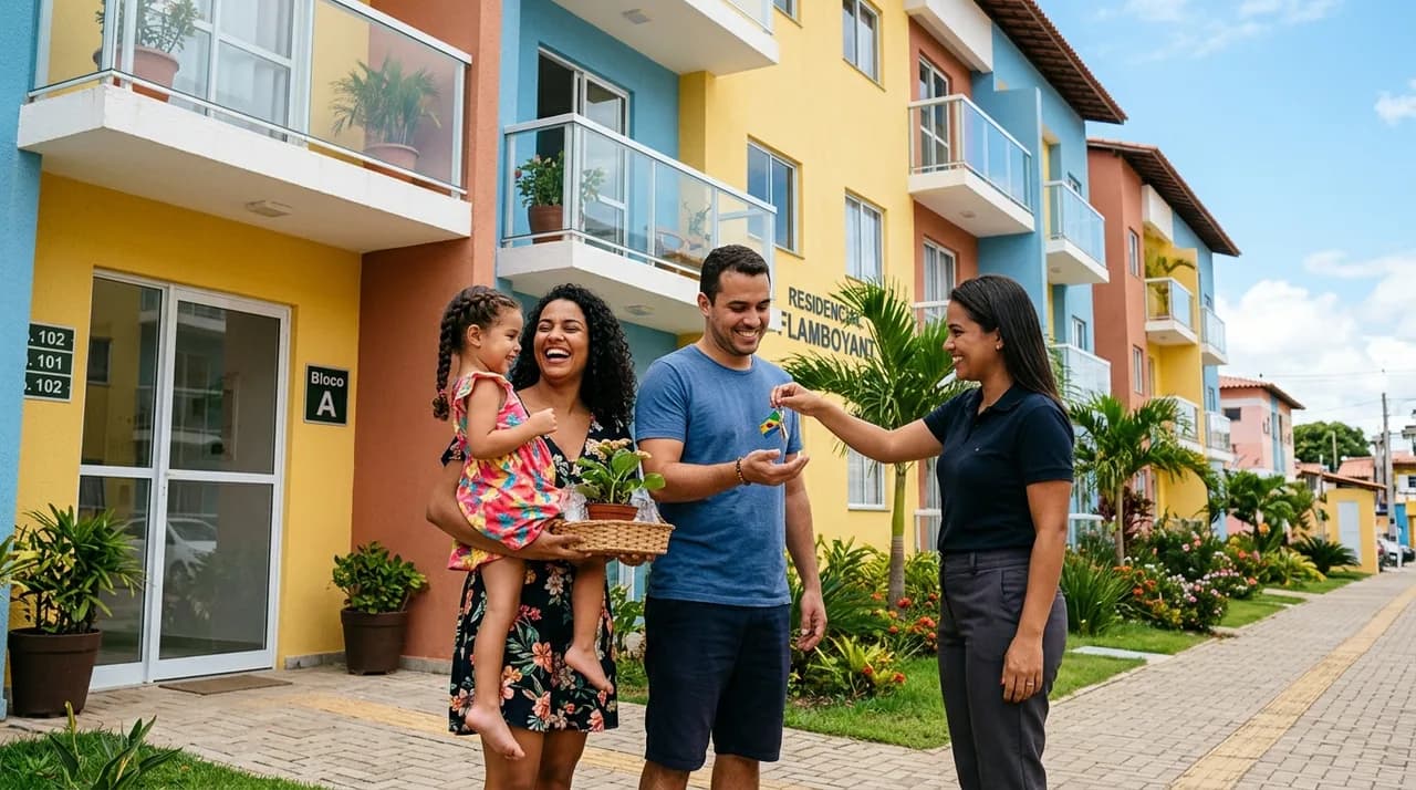 Chaves de casa nova sobre contrato de compra, com planta de imóvel ao fundo
