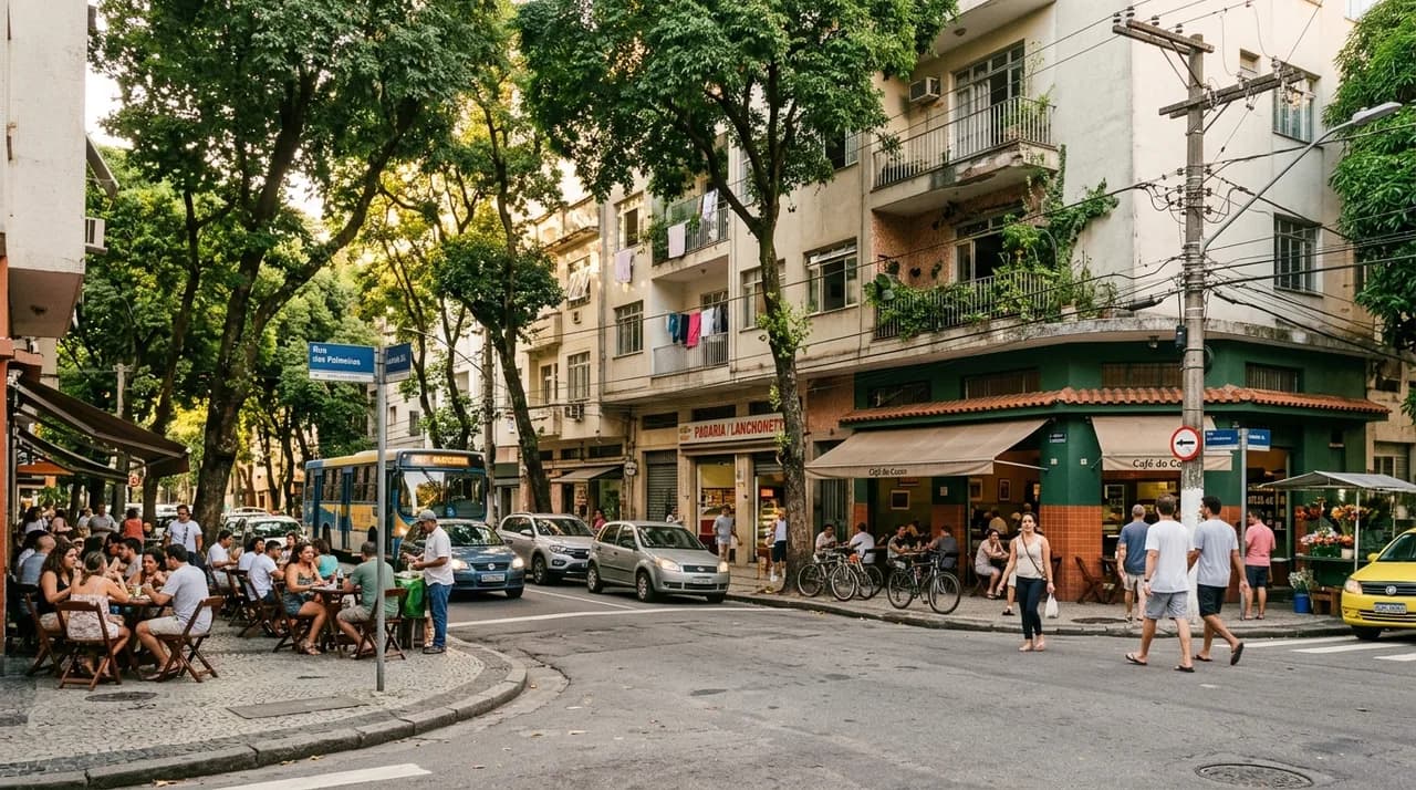 Rua urbana arborizada com cafés, prédios e movimento de pedestres — imagem ilustrativa