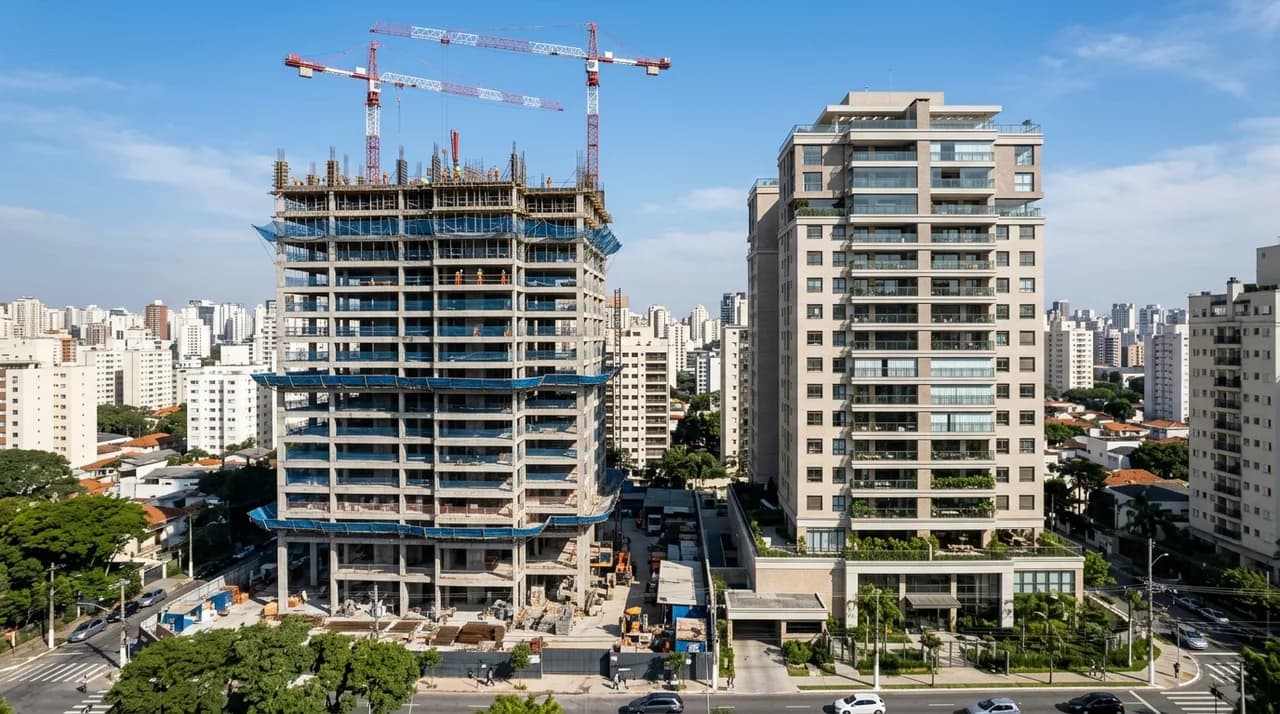 Maquete de empreendimento residencial ao lado de plantas baixas e capacete de obra sobre a mesa