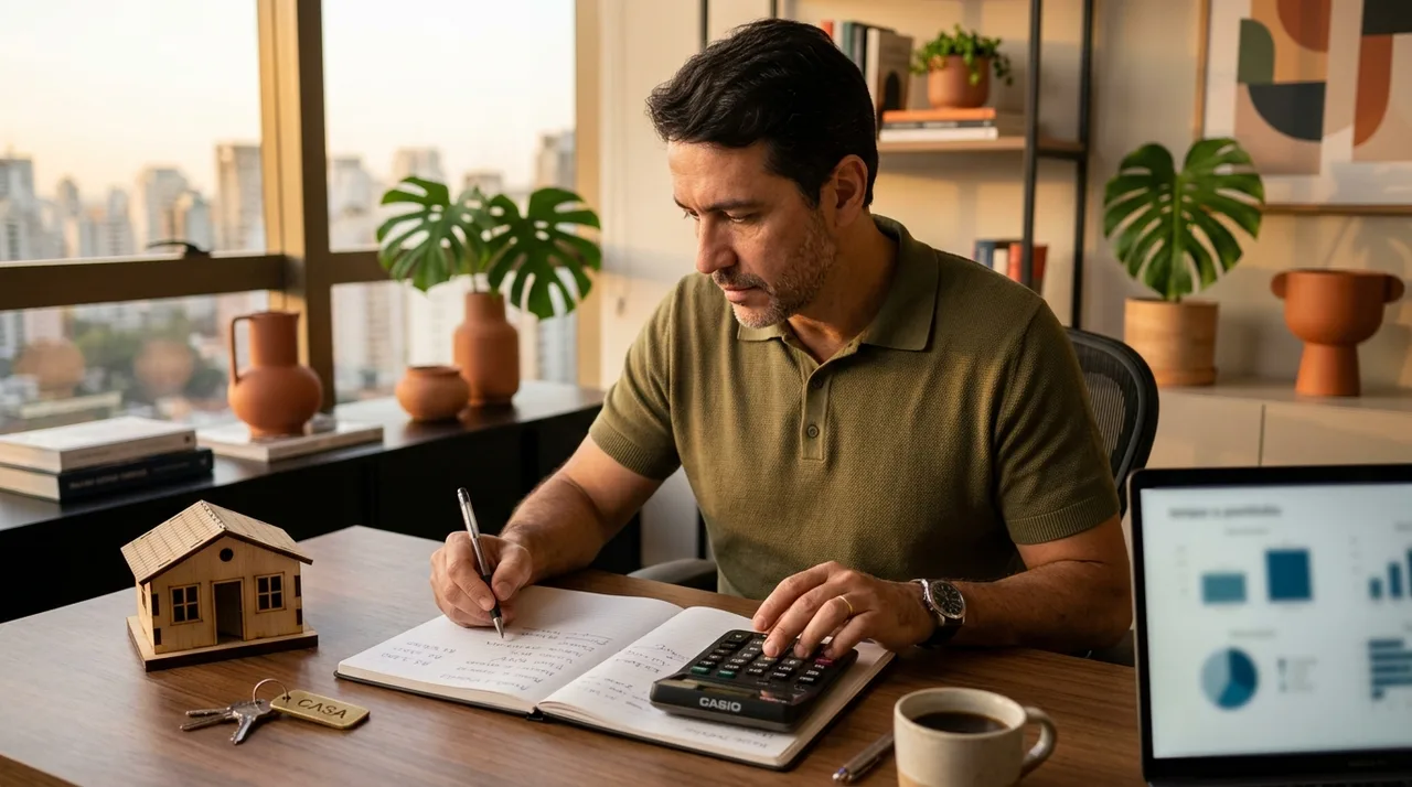 Pessoa faz contas de rentabilidade de aluguel com calculadora e planta de apartamento sobre a mesa — imagem ilustrativa