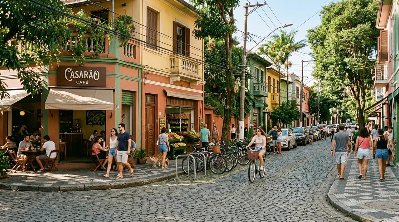 Rua de bairro arborizada com comércio local, pedestres e ciclista — imagem ilustrativa