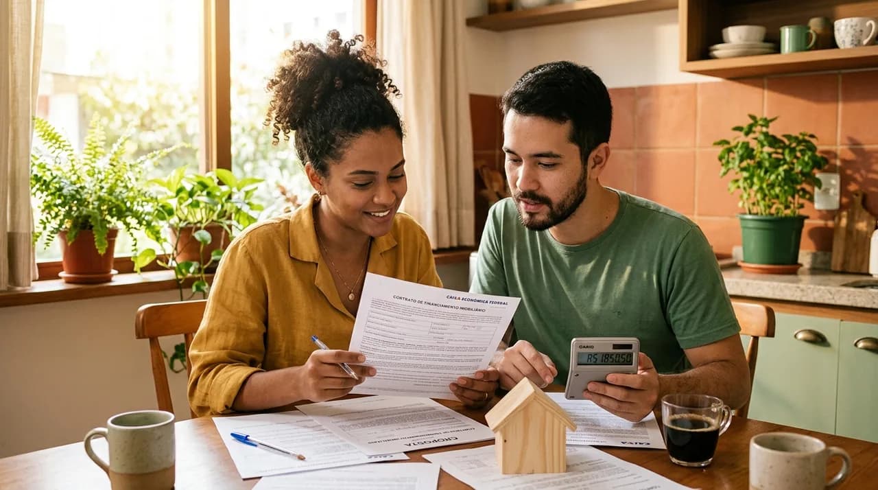 Casal analisa contrato de financiamento imobiliário na mesa da cozinha, com calculadora e maquete de casa