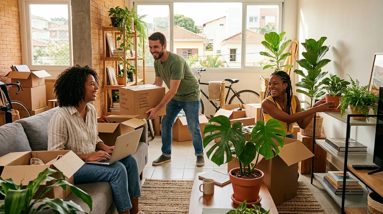 Jovem trabalhando com notebook em apartamento compacto e bem iluminado — imagem ilustrativa