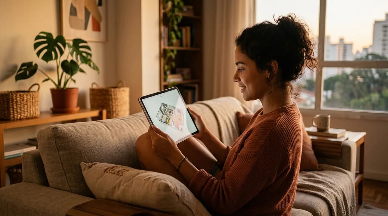 Pessoa explorando anúncio de imóvel com tour virtual em tablet — imagem ilustrativa
