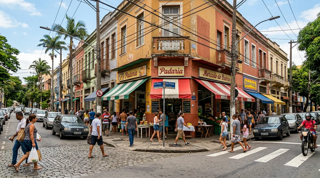 Avenida comercial com lojas, agências e movimento de pedestres — imagem ilustrativa