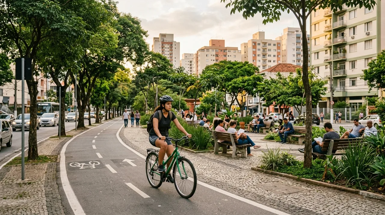 Moradora caminhando até a padaria do bairro em rua tranquila — imagem ilustrativa