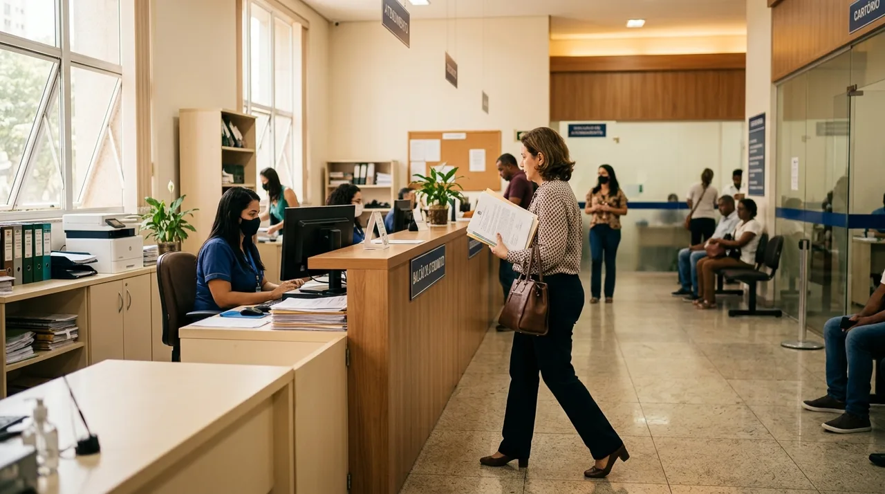 Casal preocupado analisando documentos na frente de um cartório de registro de imóveis — imagem ilustrativa