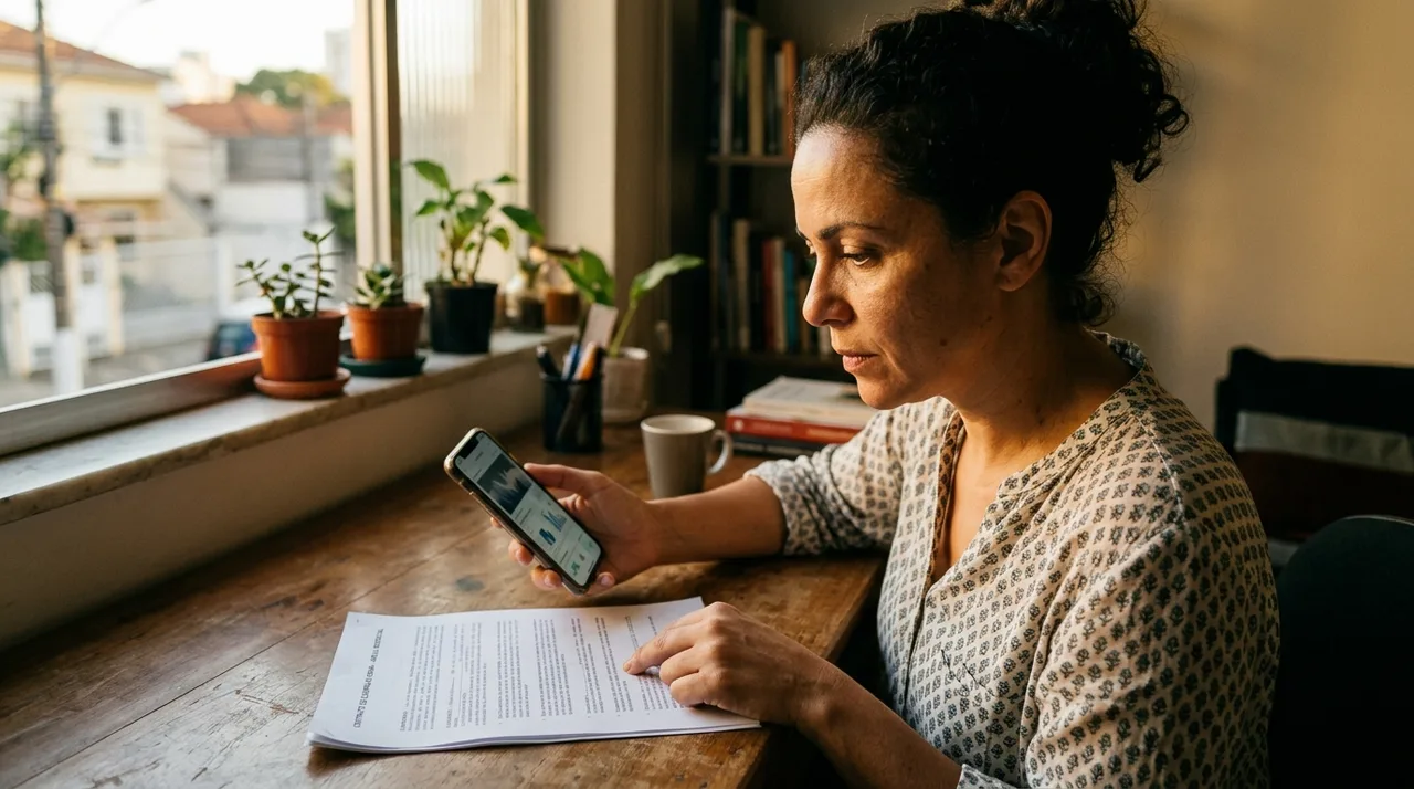 Comprador confere documentos e matrícula do imóvel antes de assinar qualquer pagamento — imagem ilustrativa