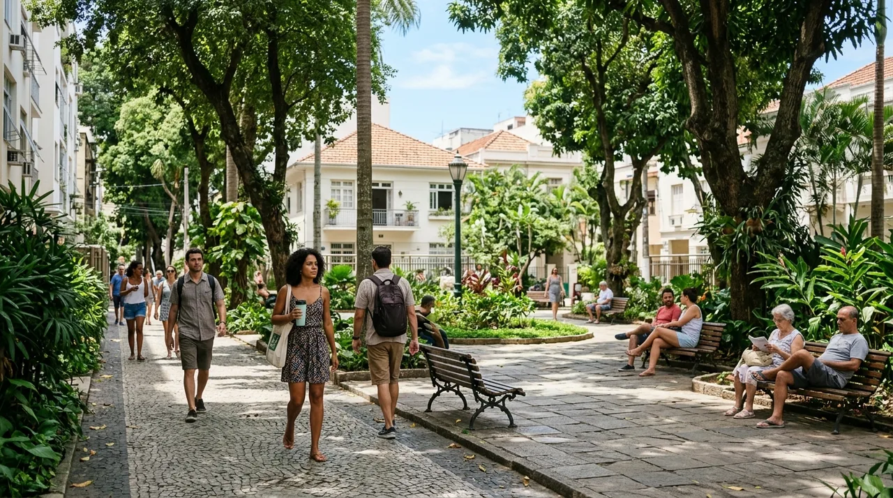 Rua arborizada com casas de bairro tradicional e comércio local — imagem ilustrativa