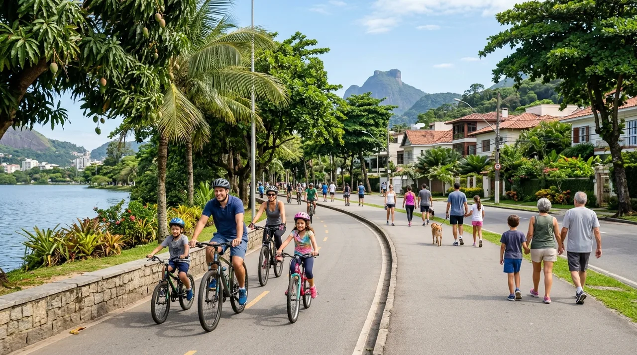Ciclistas e pedestres na orla da lagoa ao amanhecer, com vegetação e pista compartilhada — imagem ilustrativa