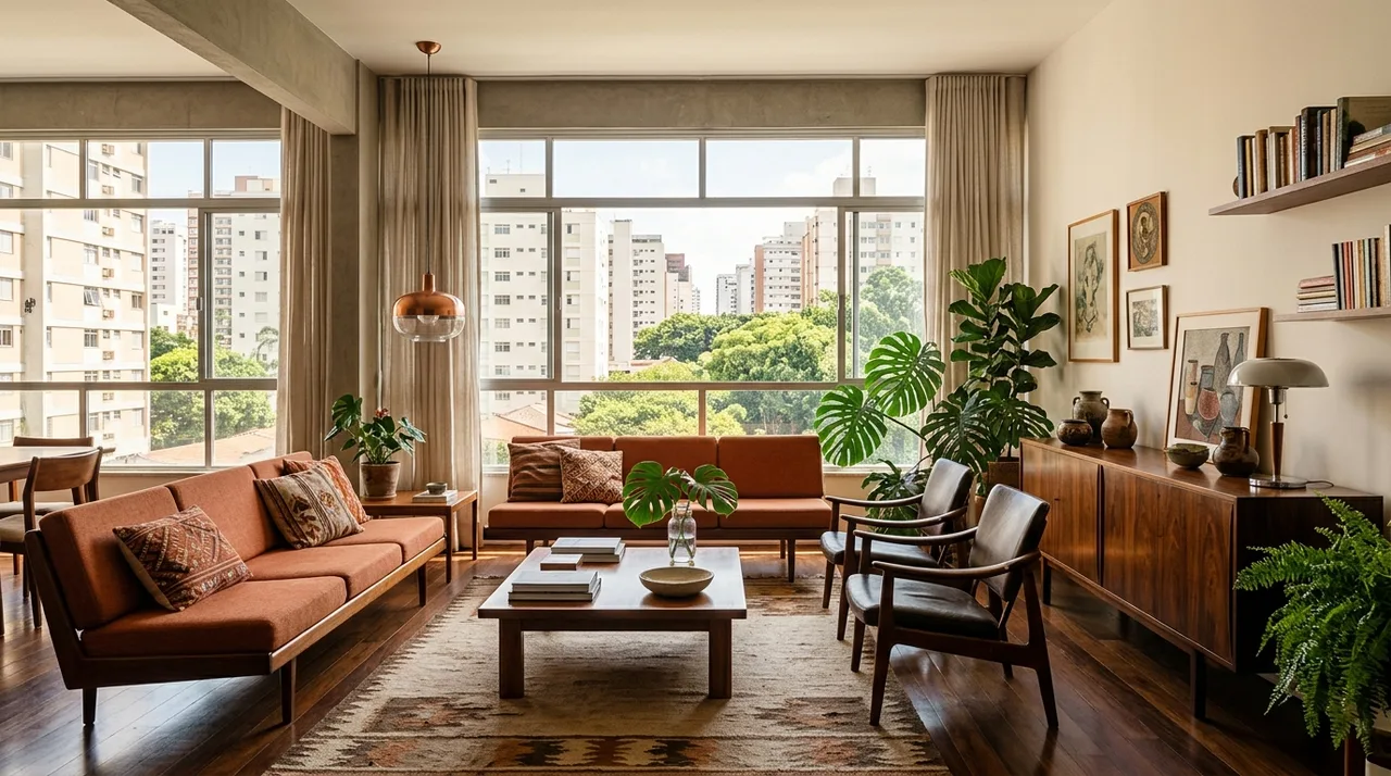 Sala ampla de apartamento clássico com pé-direito alto e luz natural — imagem ilustrativa