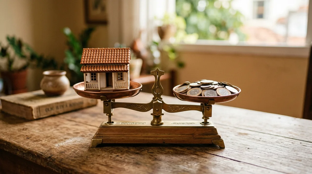 Balança comparando uma casa em miniatura e moedas de investimento — imagem ilustrativa