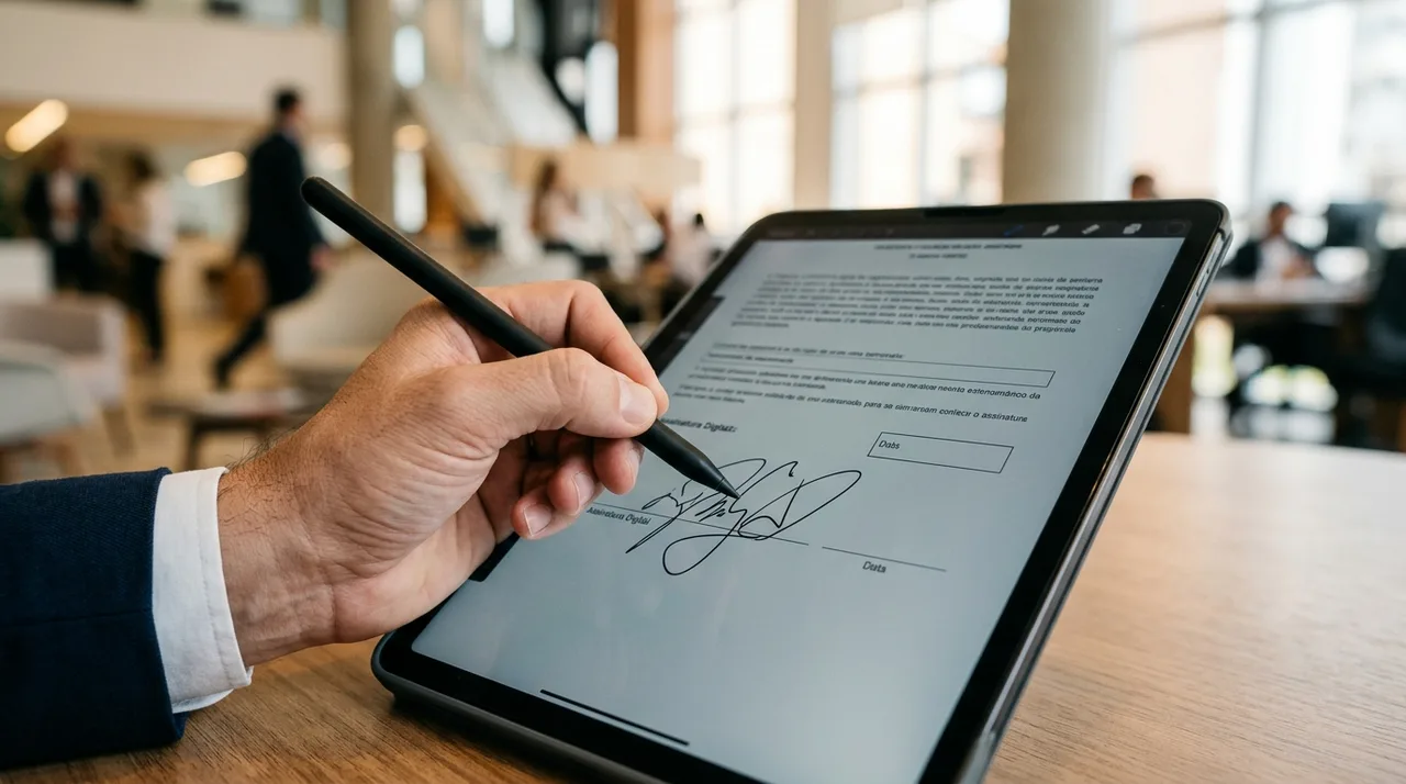 Comprador conferindo documentos digitais do imóvel em tour virtual pelo computador — imagem ilustrativa