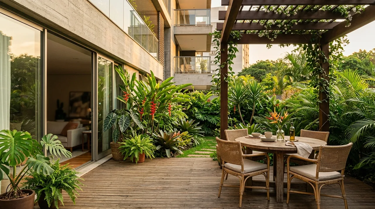 Interior de loft com pé-direito duplo, mezanino e grandes janelas — imagem ilustrativa