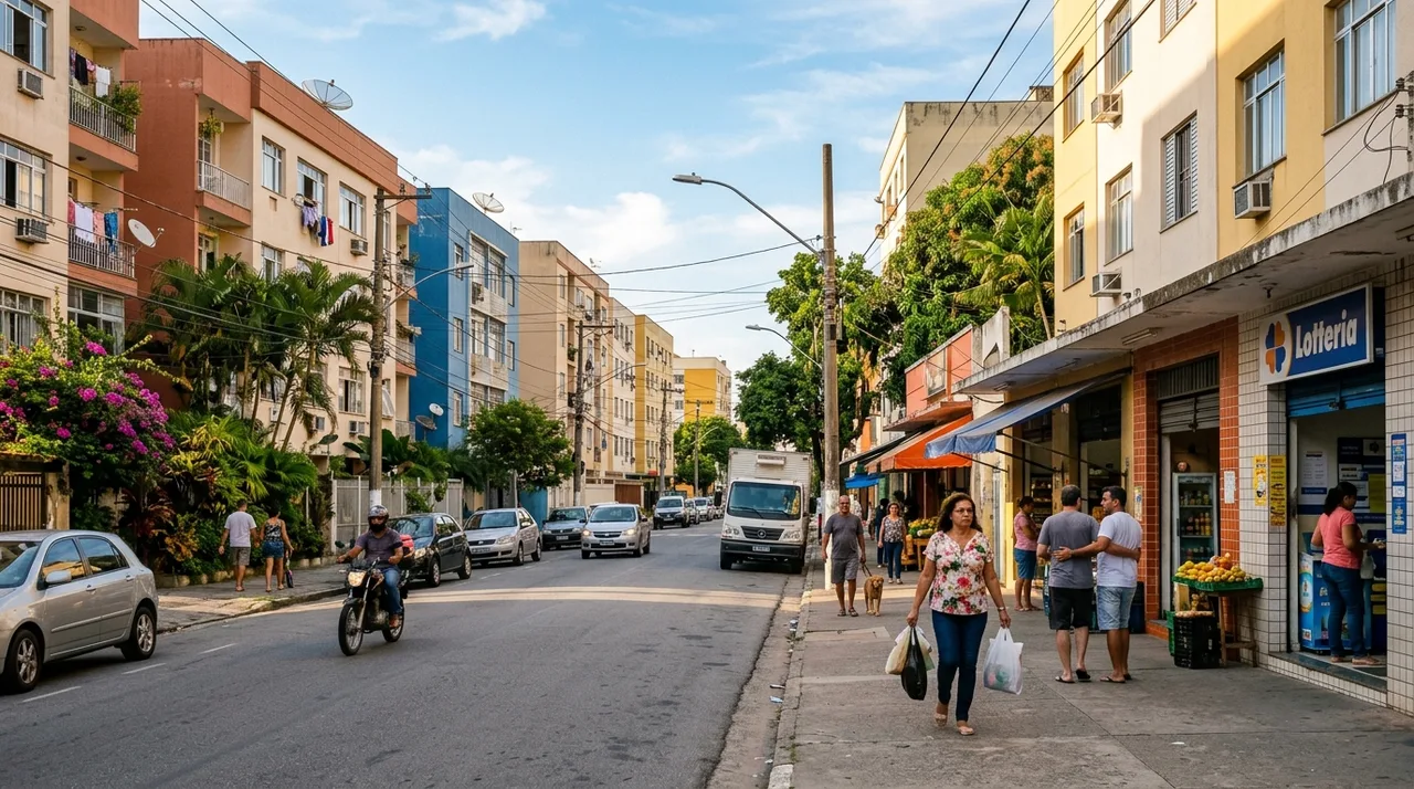 Rua residencial movimentada com comércio de bairro e prédios de porte médio — imagem ilustrativa